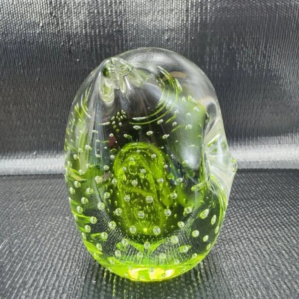 Hand Blown Venetian Art Glass‎ Owl Bird Paperweight Figurine Green Bubbles Italy